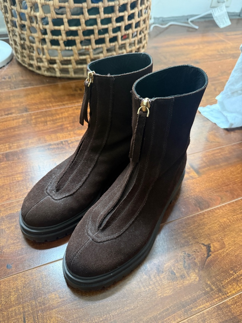 Dark Brown Suede Front-Zip Ankle Boots